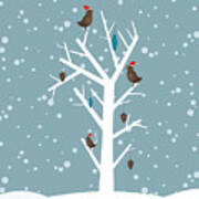 Snow Fall Background With Birds Sitting Art Print