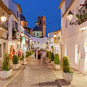 Spain, Comunidad Valenciana, Mediterranean Sea, Alicante District, Costa Blanca, Iberian Peninsula, Altea, Night View Of A Cobbled Street In Old Town Art Print