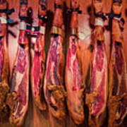 Spanish Cured Ham Hanging In Boqueria Market, Barcelona, Catalonia, Spain, Europe Art Print