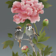 Sparrows And Peony Art Print