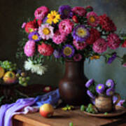 Still Life With A Bouquet Of Asters And Fruits Art Print