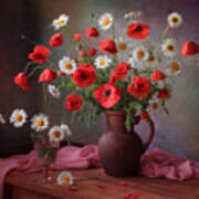 Still Life With A Bouquet Of Poppies And Chamomile Art Print