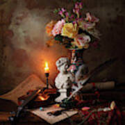 Still Life With Bust And Flowers Art Print