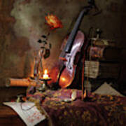 Still Life With Violin And Rose Art Print