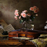 Still Life With Violin And Roses Art Print