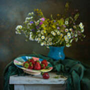 Still Life With Wildflowers And Strawberries. Art Print
