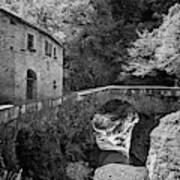 Stone House And Bridge Lake Como Italy Bw Art Print