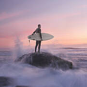 Surfer On Rock Against Sunset, Water Art Print