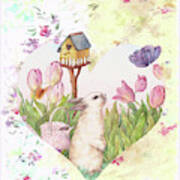 Sweet Heart Bunny And Butterfly Art Print