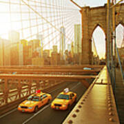 Taxis On The Brooklyn Bridge At Sunset Art Print