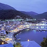 Town & Harbor At Night, Epirus, Greece Art Print