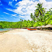 Tropical Beach With Huts, Coconut Trees Art Print