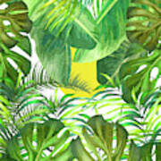 Tropical Leaf Pattern 01- Banana, Palm Leaf, Monstera Leaf - Green, Freshness, Tropical, Botanical Art Print