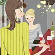 Two Woman With Wine At Bar Counter Art Print