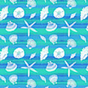 Vibrant Seashell Pattern Tan Teal Background Art Print