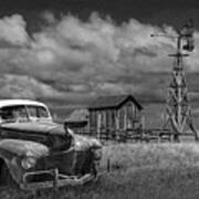 Vintage Automobile And Wooden Barn With Windmill In Black And White Art Print