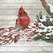Winter Red Bird On Wood I Art Print