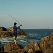 Woman Fly Fishing On The Coast Of Maine On A Sunny Day. Art Print