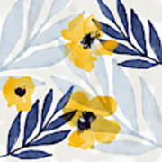 Yellow And Navy 2- Floral Art By Linda Woods Art Print
