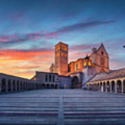 Assisi, San Francesco Basilica Church At Sunset. Umbria, Italy. Art Print