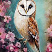Barn Owl In The Pink Blossoms Art Print
