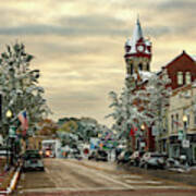 Beautiful Bedazzled Burg -  Stoughton Wisconsin Dusted With Snow With Fall Colors Still Showing Art Print