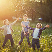 Sister And Brothers Playing In Dandelion Field #1 Art Print