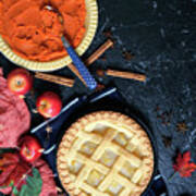 Thanksgiving Apple And Pumpkin Pies On Dark Marble Background. #1 Art Print