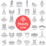 Travel Landmark Icons - Thin Line Vector #1 Art Print