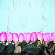 Vintage Aqua Blue Wood Background With Pink Rose Buds. #1 Art Print