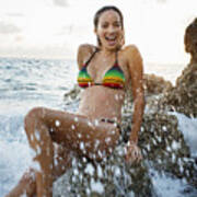 Young Woman Enjoying Splashing Waves On Tropical Beach #1 Art Print