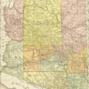 1884 Historical Map Of Arizona, Arizona County Map In Color Art Print
