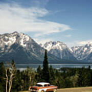 Vintage Car And Teton Mountains Art Print