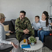 A Soldier And His Family At A Psychotherapist During A Session #2 Art Print
