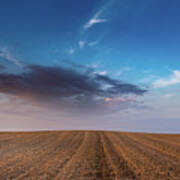Agricultural Meadow Field And Cloudy Sky During Sunset. Art Print