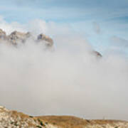 Mountain Landscape With Fog In Autumn. Tre Cime Dolomiti Italy. Art Print