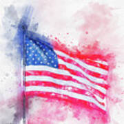 Watercolor Painting Illustration Of American Flag Isolated Over A White Background Art Print