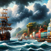 A Bustling Port In The Caribbean, With Pirate Ships And Colonial Buildings. Art Print