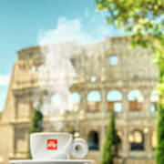 A Cup Of Coffee In Front Of The Panoramic View Of Colosseo In Roma Art Print