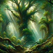 A Dense, Mystical Forest With Rays Of Sunlight Piercing Through The Canopy Art Print
