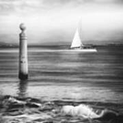 A Lisbon Sunset By The Tagus River Black And White Art Print