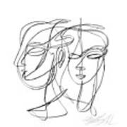 A One-line Abstract Drawing Depicting Two Faces In A Symbiotic Relationship Art Print