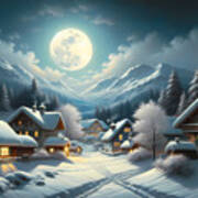 A Snowy Moonlit Night In A Quiet Alpine Village Art Print