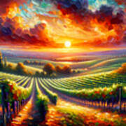 A Sprawling Vineyard At Sunset In The Rolling Countryside Art Print