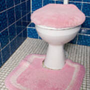 A Toilet With Fluffy Pink Seat Cover And Rug Art Print
