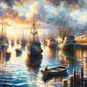 A Vibrant Bustling Harbor With Boats And Reflections In The Water Art Print
