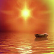 Adrift-ocean Sunrise With Lonely Boat Art Print