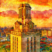 Aerial Of The Main Building Of The University Of Texas At Austin - Digital Painting Art Print
