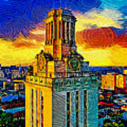 Aerial Of The Main Building Of The University Of Texas At Austin - Impressionist Painting Art Print