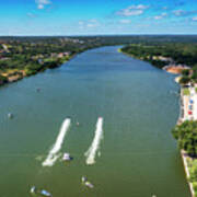 Aerial View As Drag Boats Race Across The Starting Line On Lake Marble Falls During The Drag Boat Races At Lakefest In Marble Falls Art Print